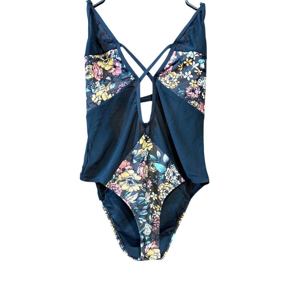 Lira Womens Floral Mesh One Piece Swimsuit Black XS Crisscross Straps Monokini